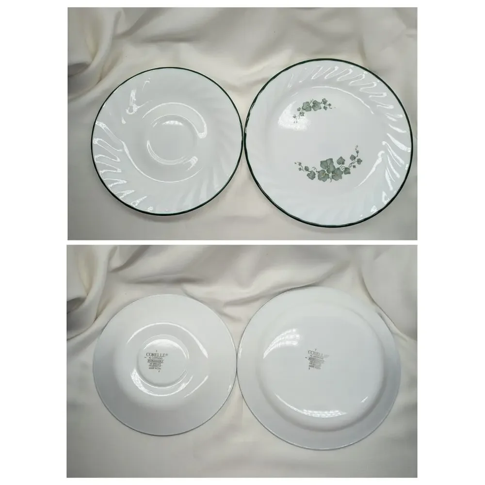 Set of 8 Corelle Callaway Ivy Dessert Salad - Saucers Plates Swirl Green Rim
